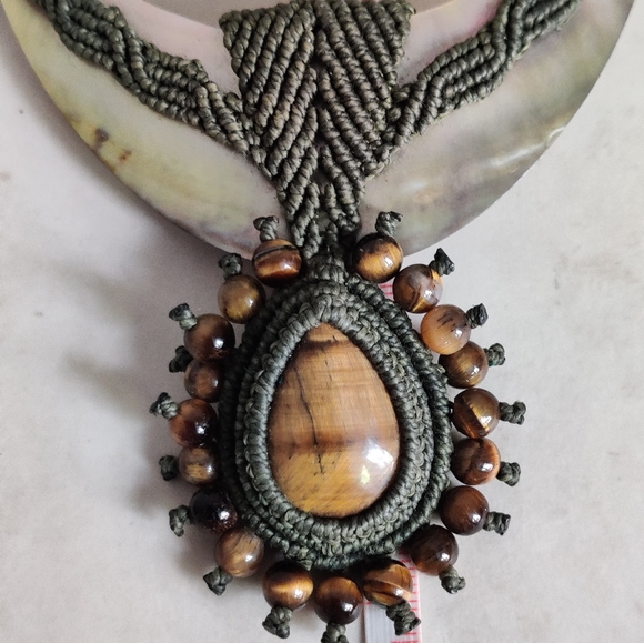 OOAK Artisan Macrame Necklace with Genuine Mother of Pearl and Tiger Eye Stones - Picture 9 of 13